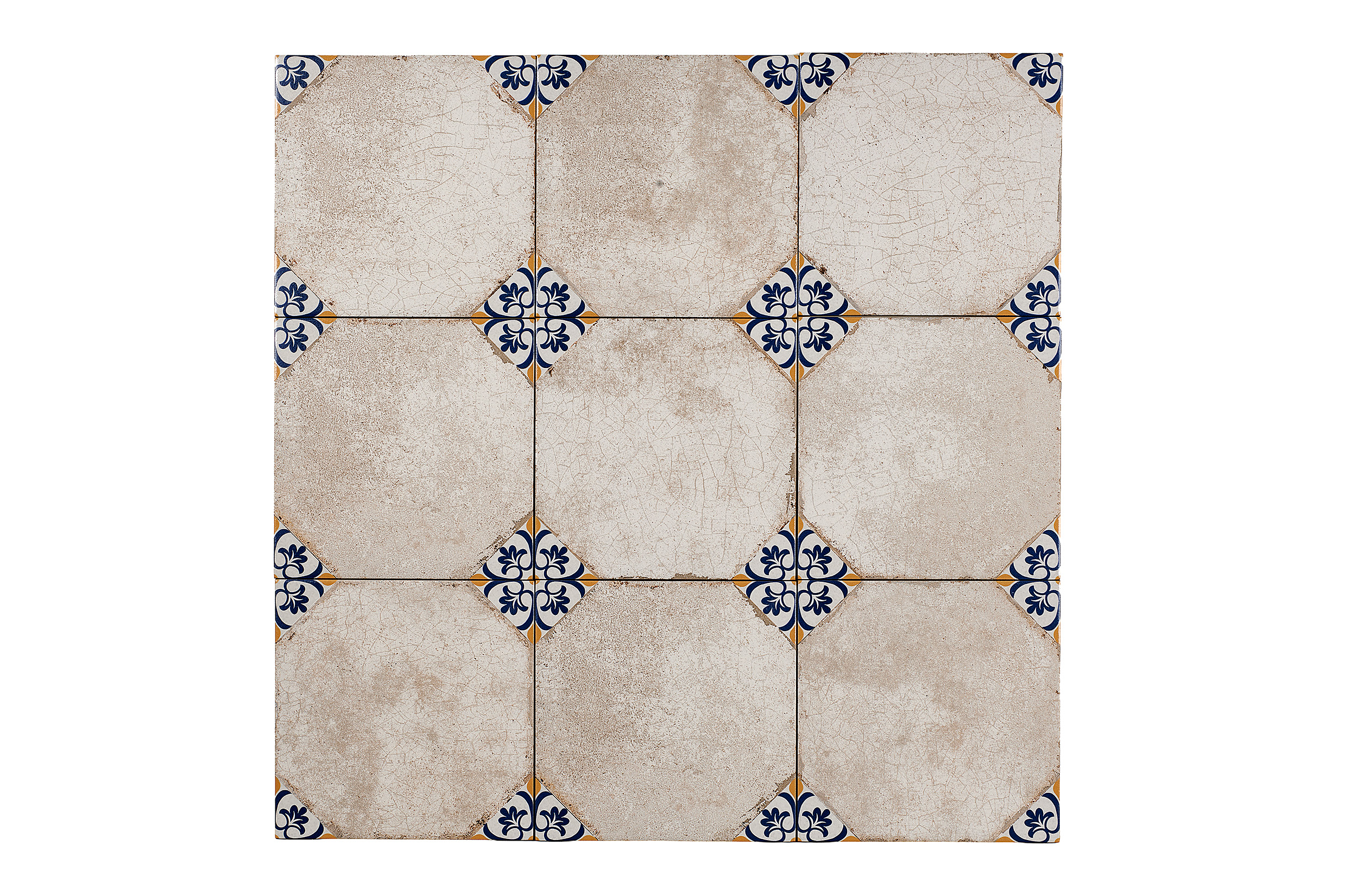 Vloer- en wandtegel grijs vintage met delfts blauwe hoekdecor 22,5x22,5 cm  – serie Cezanne