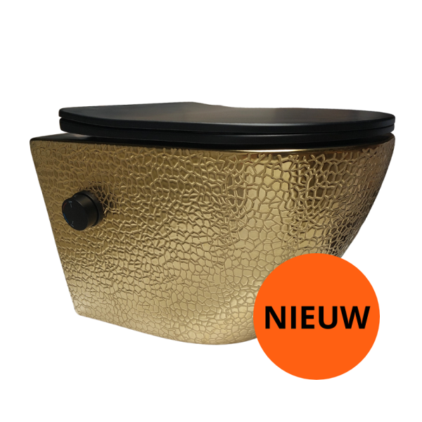 Gouden toilet met een krokodillen patroon en een zwarte toiletbril.