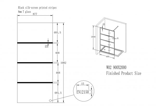 Diagram met afmetingen van een glazen douchewand.