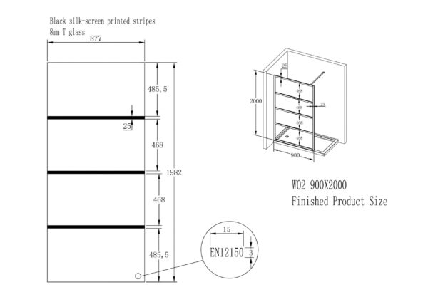 Diagram met afmetingen van een glazen douchewand.