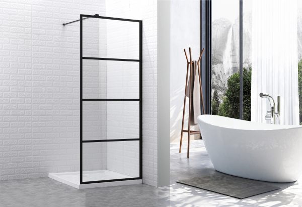 Badkamer render sfeer foto met een douche, en een witte bad. Door de ramen zie je een waterval.