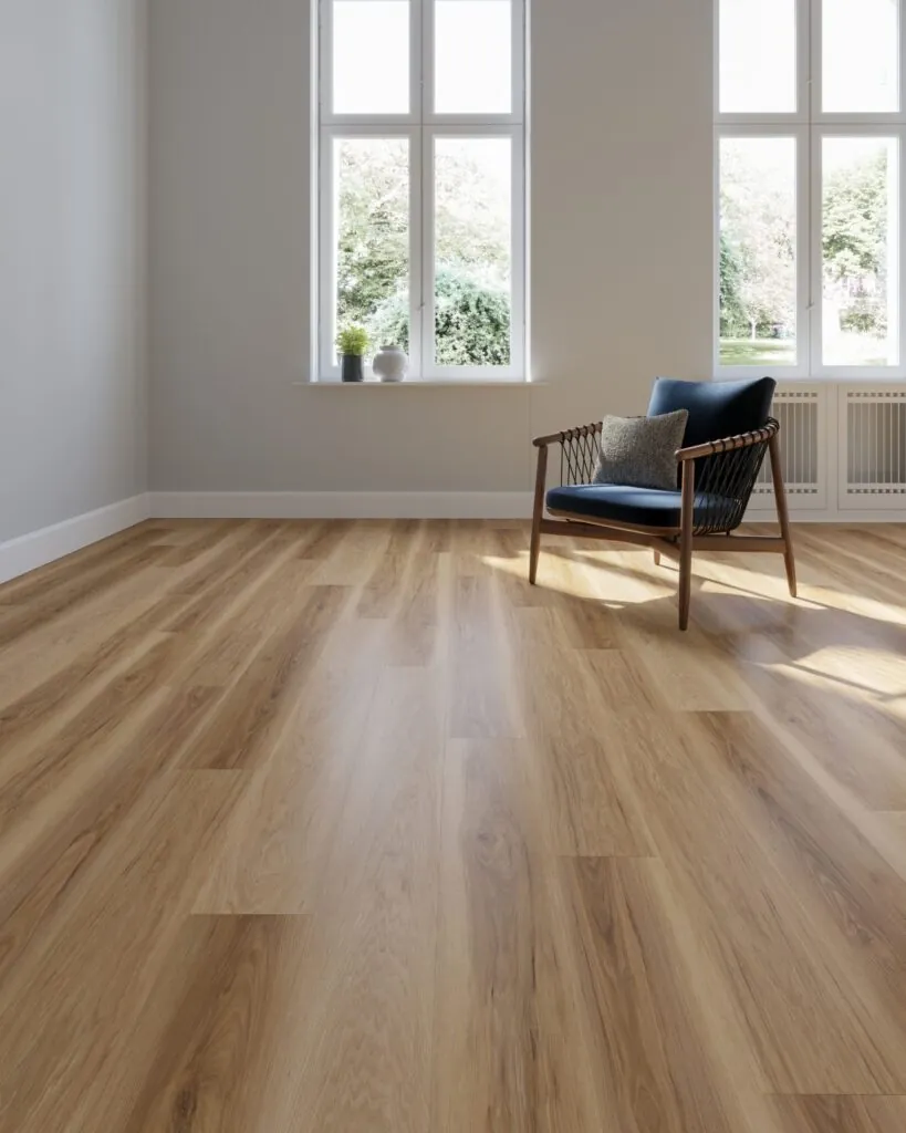 Een lichte kamer met een grote houten vloer, drie grote ramen die veel natuurlijk licht binnenlaten, en een eenvoudige stoel met een kussen. van Sanimaster