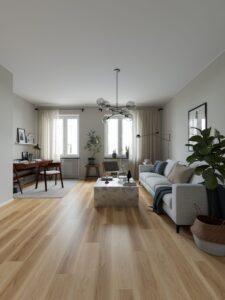 Een moderne woonkamer met een licht houten vloer, een grijze bank, een betonnen salontafel en een bureau in de hoek. Grote ramen laten veel licht binnen. van Sanimaster