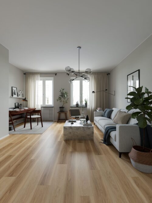 Een moderne woonkamer met een licht houten vloer, een grijze bank, een betonnen salontafel en een bureau in de hoek. Grote ramen laten veel licht binnen. van Sanimaster