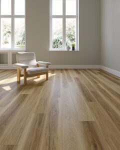 Een woonkamer met grote ramen, een pvc vloer, een witte stoel met houten poten in het midden en op de vensterbank staat een plantje. van Sanimaster