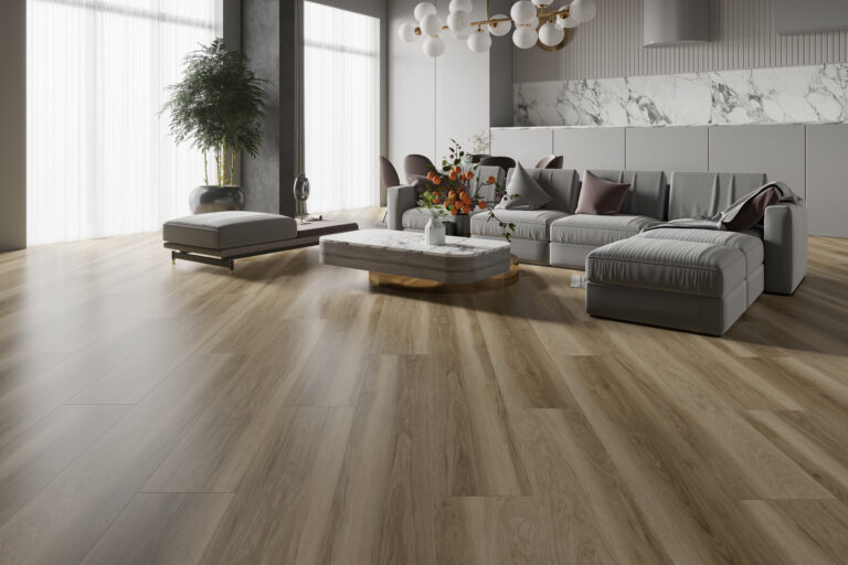 Home | Sanimaster Afbeelding van een ruime en moderne woonkamer met een lichtbruin houtlook vloer, een grote grijze bank, een marmeren salontafel, en decoratieve planten. van Sanimaster