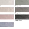 Een afbeelding met zeven glanzende rechthoekige tegels in verschillende kleuren: Tempo Blanco, Tempo Sage, Tempo Beige, Tempo Gris, Tempo Rosa, Tempo Grafito, en Tempo Aqua. | Sanimaster