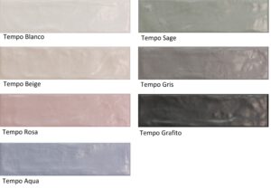 Een afbeelding met zeven glanzende rechthoekige tegels in verschillende kleuren: Tempo Blanco, Tempo Sage, Tempo Beige, Tempo Gris, Tempo Rosa, Tempo Grafito, en Tempo Aqua. | Sanimaster
