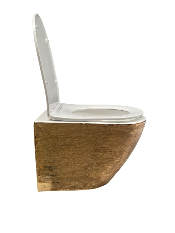 Een zijaanzicht van een modern toilet met een witte zitting en een goudkleurige basis van Sanimaster