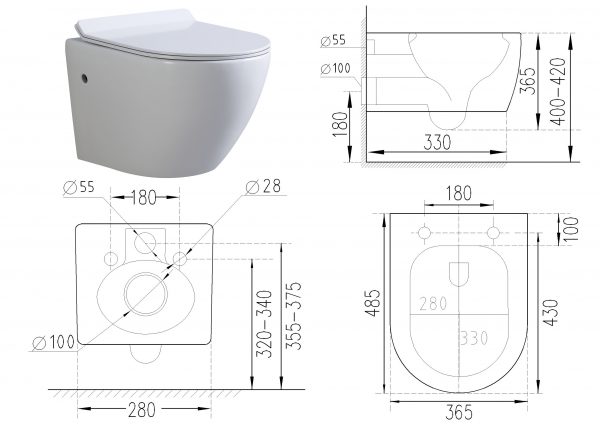 Technische tekening en foto van een toilet met afmetingen en zij-, boven- en vooraanzicht.