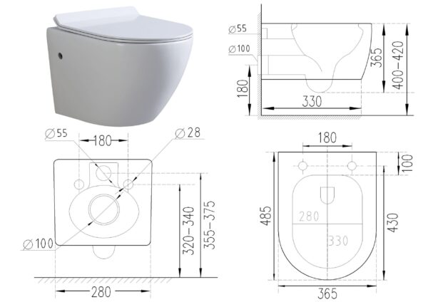 Technische tekening en foto van een toilet met afmetingen en zij-, boven- en vooraanzicht.