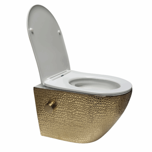 Gouden toilet met een krokodillen patroon en een witte toiletbril van Sanimaster