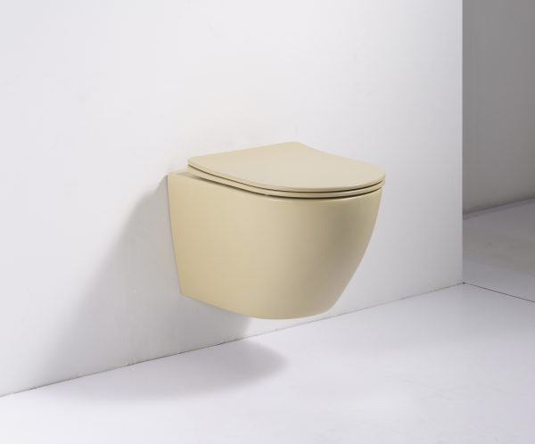 Hangend toilet mat zand Vulsini Een witte muur met een beige toilet.