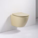 Hangend toilet mat zand Vulsini Een witte muur met een beige toilet.