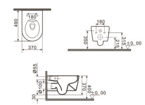 Technische tekening van een toilet met zij-, boven- en vooraanzicht, inclusief gedetailleerde afmetingen.
