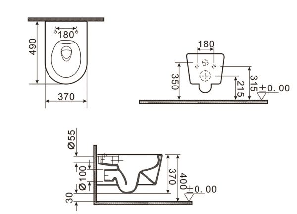 Technische tekening van een toilet met zij-, boven- en vooraanzicht, inclusief gedetailleerde afmetingen.